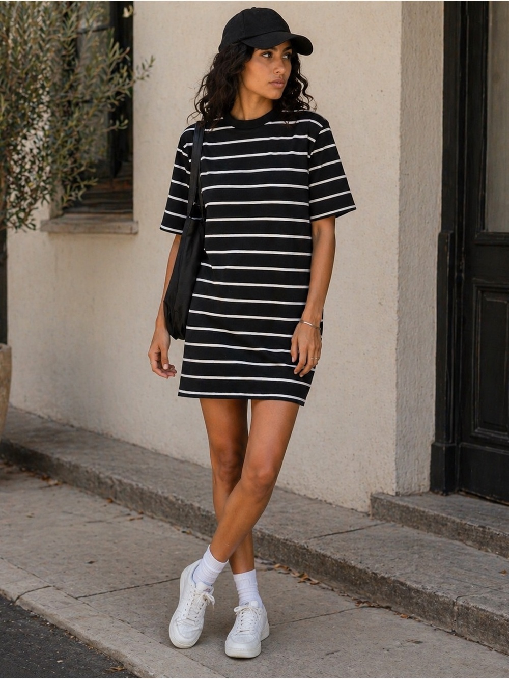 ASOS DESIGN Oversized mini t-shirt dress in Black with white stripes